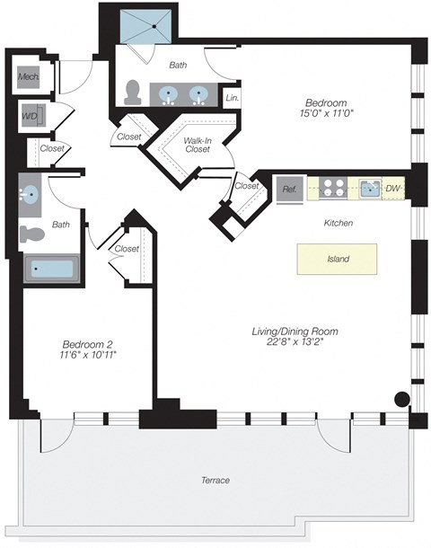 Floor plan for 2 beds, 2 baths, 1219 sqft