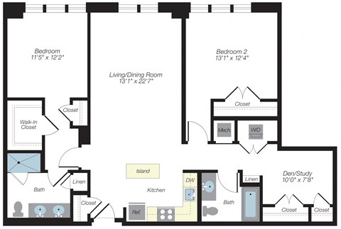 Floor plan for 2 beds, 2 baths, 1284 sqft