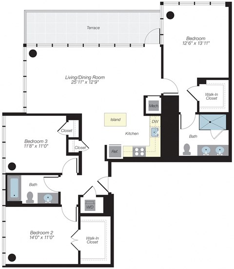 Floor plan for 3 beds, 2 baths, 1404 sqft