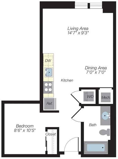 Floor plan for studio, 1 bath, 554 sqft