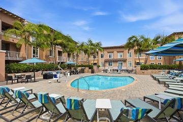 San Diego apartment for rent - A pool surrounded by lounge chairs and umbrellas.
