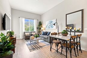 San Diego apartment for rent - A living room with a grey couch, a wooden table, and a large mirror on the wall.