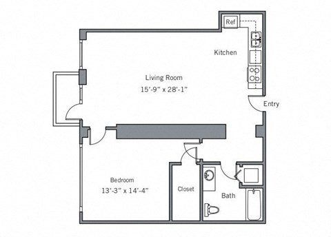 Floor plan for 1 bed, 1 bath, 1009 sqft
