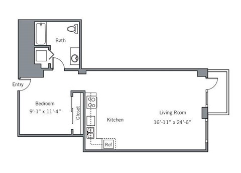 Floor plan for 1 bed, 1 bath, 754 sqft