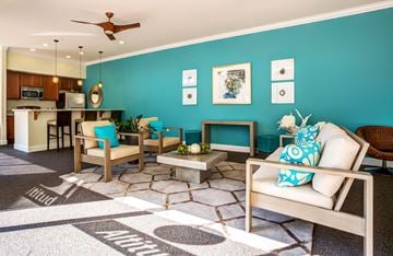 Tacoma apartment for rent - A living room with a white couch and a rug with the word "ANIMAL" on it.