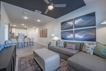 Denton apartment for rent - A living room with a grey couch and a rug.