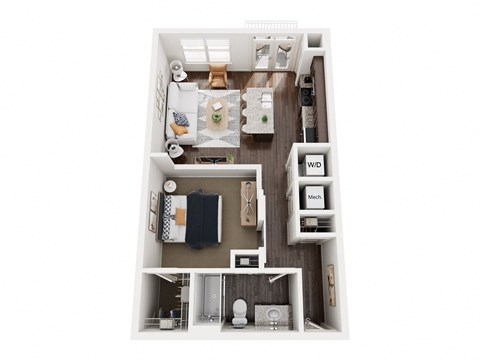 Floor plan for 1 bed, 1 bath, 654 sqft