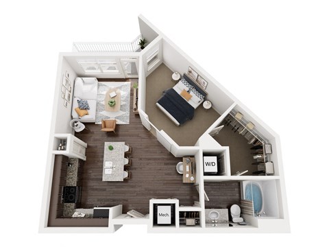 Floor plan for 1 bed, 1 bath, 707 sqft