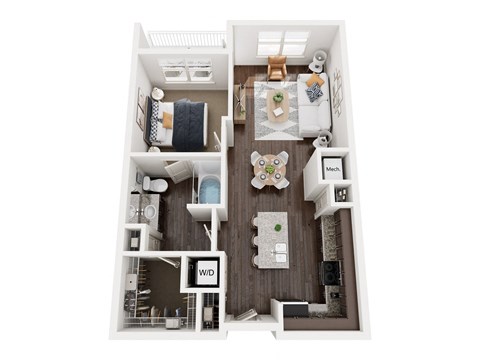 Floor plan for 1 bed, 1 bath, 729 sqft