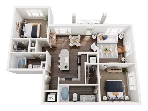 Floor plan for 2 beds, 2 baths, 1073 sqft