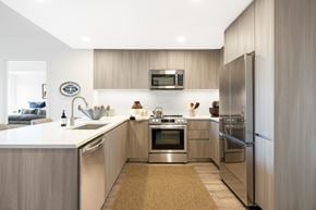 Washington apartment for rent - A modern kitchen with stainless steel appliances and wooden cabinets.