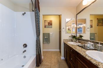 Dual sinks in master bath room with mirror