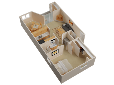 Floor plan for 1 bed, 1 bath, 710 sqft
