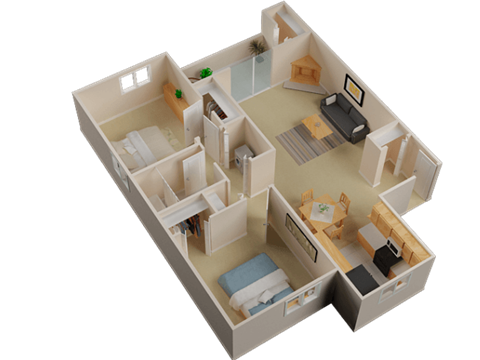 Floor plan for 2 beds, 1 bath, 863 sqft