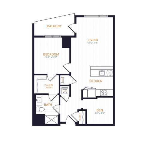 Floor plan for 1 bed, 1 bath, 760 sqft