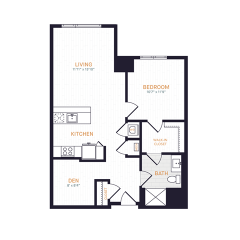 Floor plan for 1 bed, 1 bath, 760 sqft