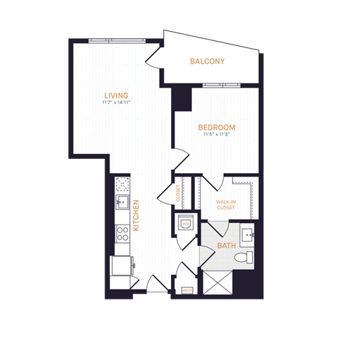 Floor plan for 1 bed, 1 bath, 673 sqft