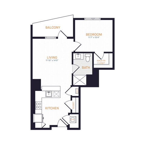 Floor plan for 1 bed, 1 bath, 589 sqft