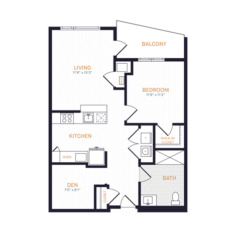 Floor plan for 1 bed, 1 bath, 760 sqft