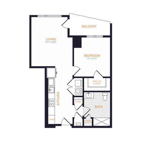 Floor plan for 1 bed, 1 bath, 680 sqft