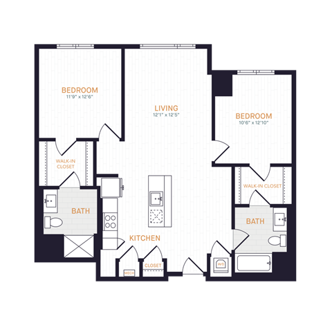 Floor plan for 2 beds, 2 baths, 998 sqft