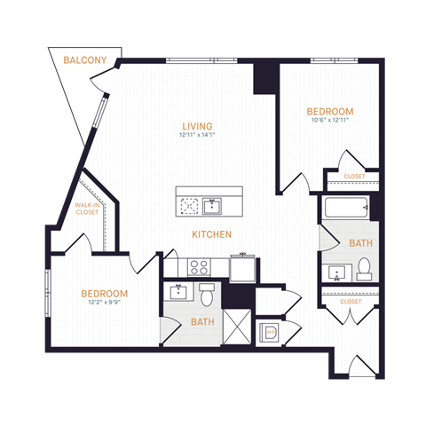 Floor plan for 2 beds, 2 baths, 1016 sqft