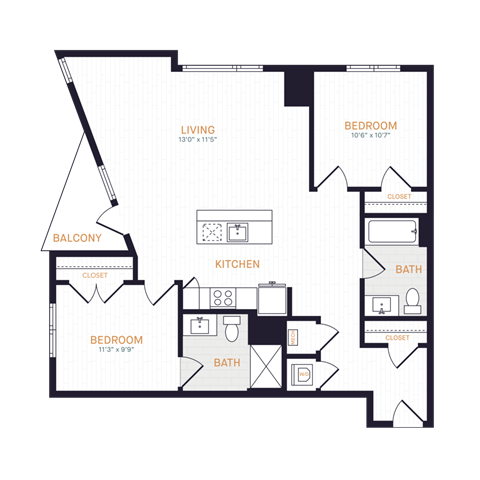 Floor plan for 2 beds, 2 baths, 1021 sqft