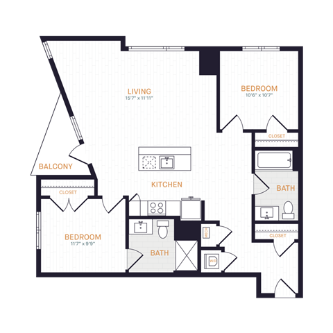 Floor plan for 2 beds, 2 baths, 1030 sqft