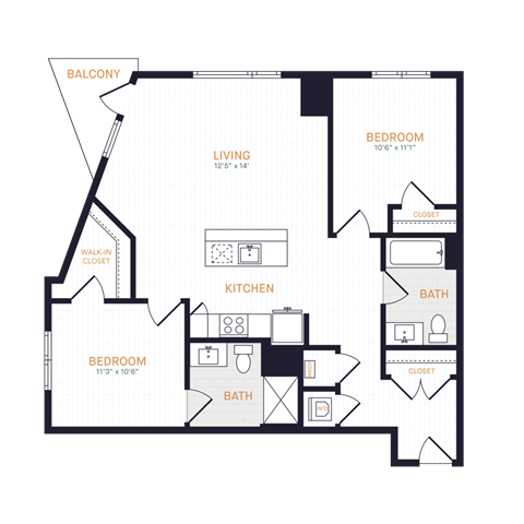 Floor plan for 2 beds, 2 baths, 1007 sqft