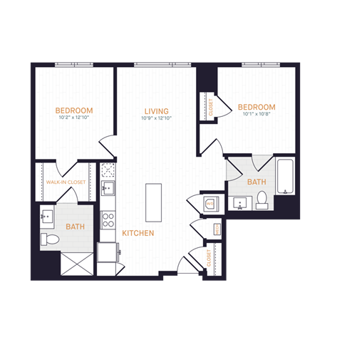 Floor plan for 2 beds, 2 baths, 871 sqft