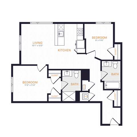 Floor plan for 2 beds, 2 baths, 941 sqft