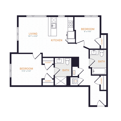 Floor plan for 2 beds, 2 baths, 905 sqft