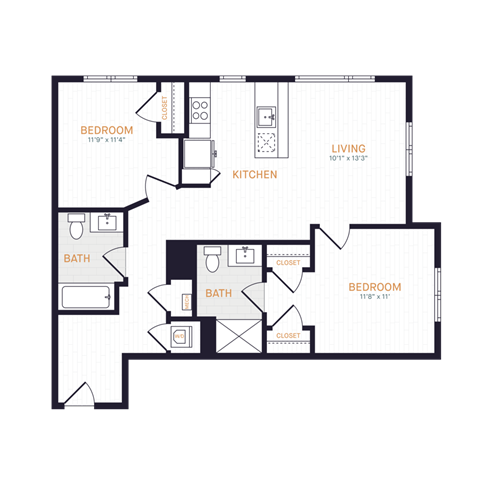 Floor plan for 2 beds, 2 baths, 906 sqft