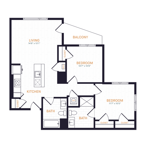 Floor plan for 2 beds, 2 baths, 885 sqft