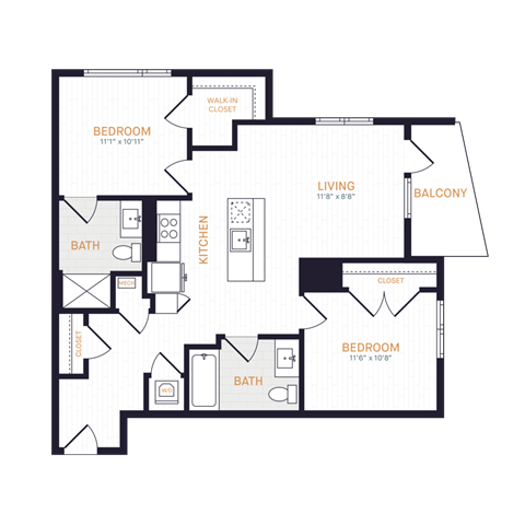 Floor plan for 2 beds, 2 baths, 872 sqft