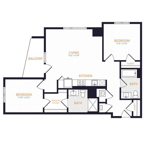Floor plan for 2 beds, 2 baths, 985 sqft