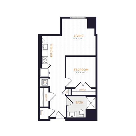 Floor plan for 1 bed, 1 bath, 584 sqft