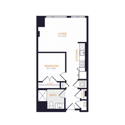 Floor plan for 1 bed, 1 bath, 598 sqft