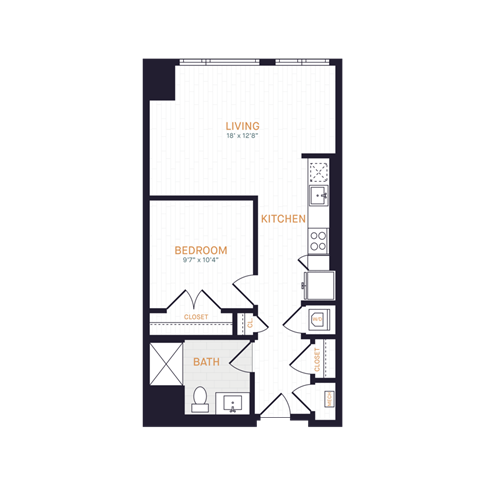 Floor plan for 1 bed, 1 bath, 601 sqft