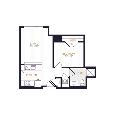 Floor plan for 1 bed, 1 bath, 569 sqft