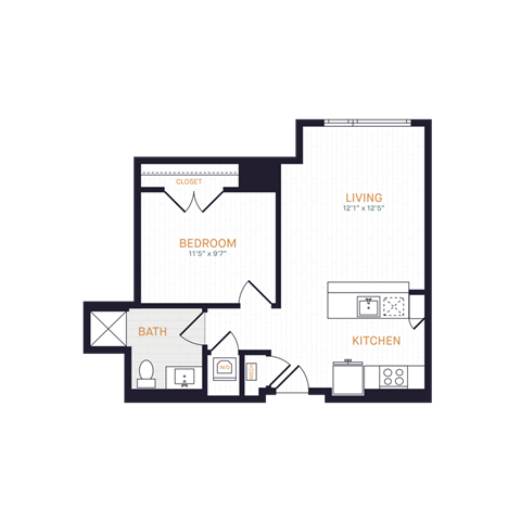 Floor plan for 1 bed, 1 bath, 559 sqft