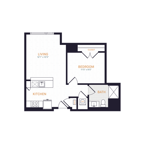 Floor plan for 1 bed, 1 bath, 576 sqft