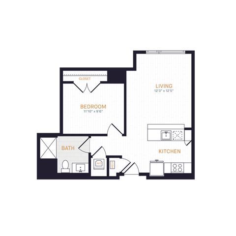 Floor plan for 1 bed, 1 bath, 580 sqft
