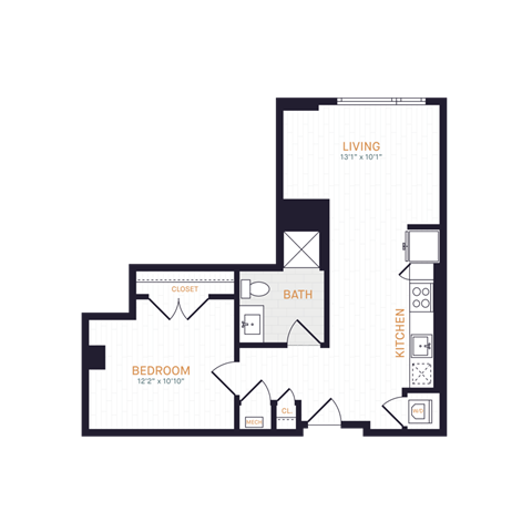 Floor plan for 1 bed, 1 bath, 592 sqft