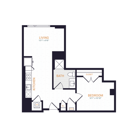 Floor plan for 1 bed, 1 bath, 586 sqft