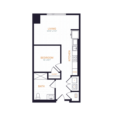 Floor plan for 1 bed, 1 bath, 601 sqft