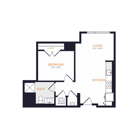 Floor plan for 1 bed, 1 bath, 575 sqft