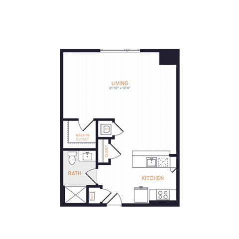Floor plan for studio, 1 bath, 632 sqft