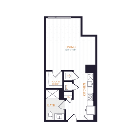 Floor plan for studio, 1 bath, 524 sqft