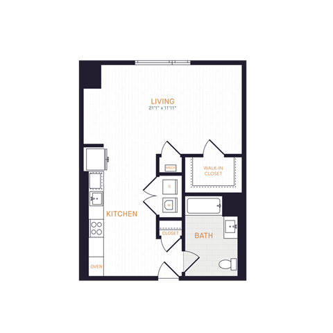 Floor plan for studio, 1 bath, 632 sqft